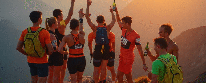 An energetic marathon runner sips electrolyte water mid-race, surrounded by cheering spectators and city skyscrapers reflecting the colorful sunset sky.