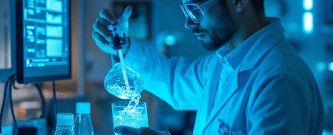 A scientist in a lab coat pours neon blue electrolyte water into a beaker while surrounded by futuristic equipment and holographic screens displaying performance data.