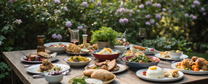 A cozy dining table set outdoors, adorned with colorful plant-based dishes, surrounded by lush greenery and flowers, evoking a sense of natural wellness.