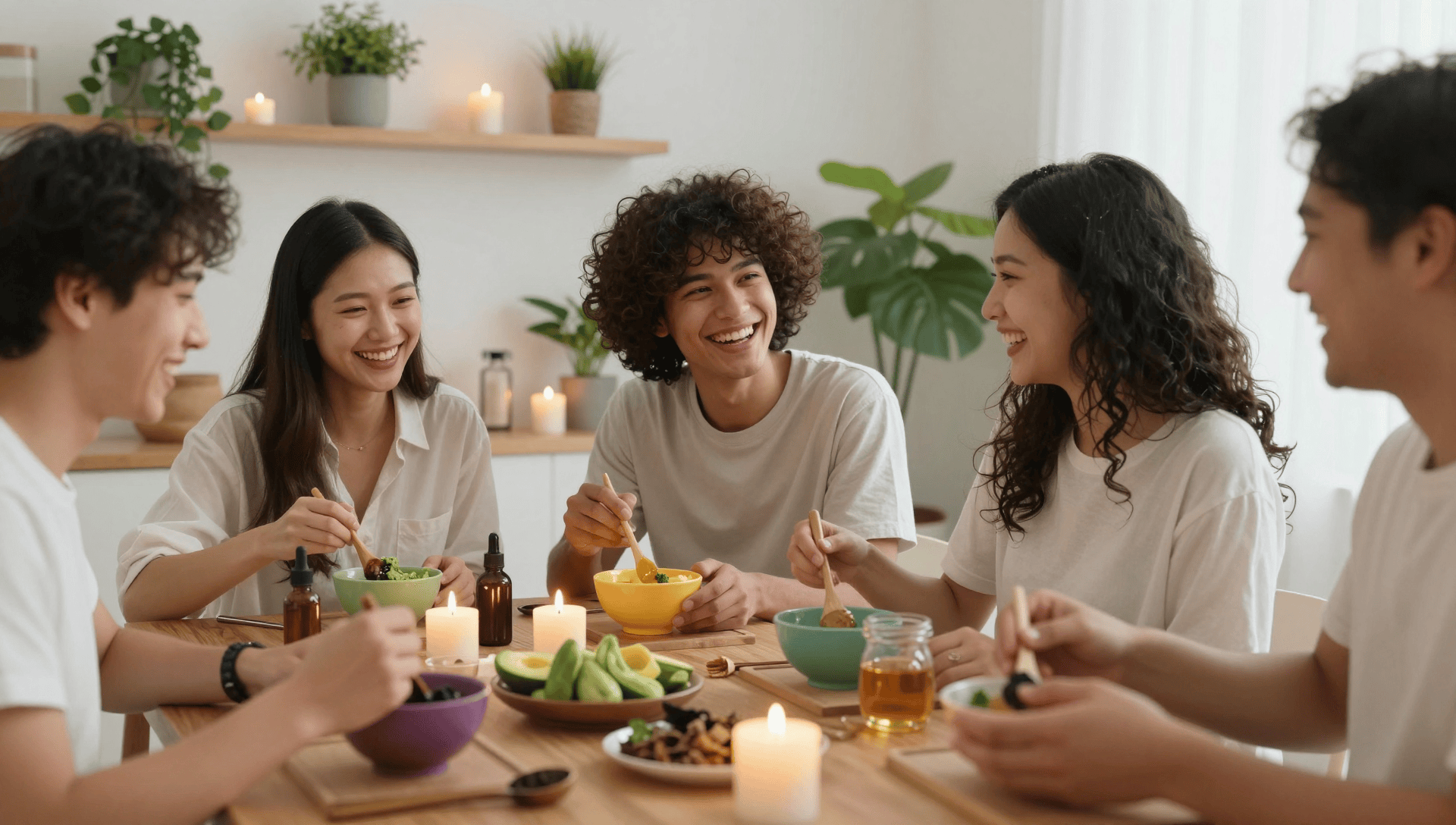 a group of diverse friends, laughing and smiling