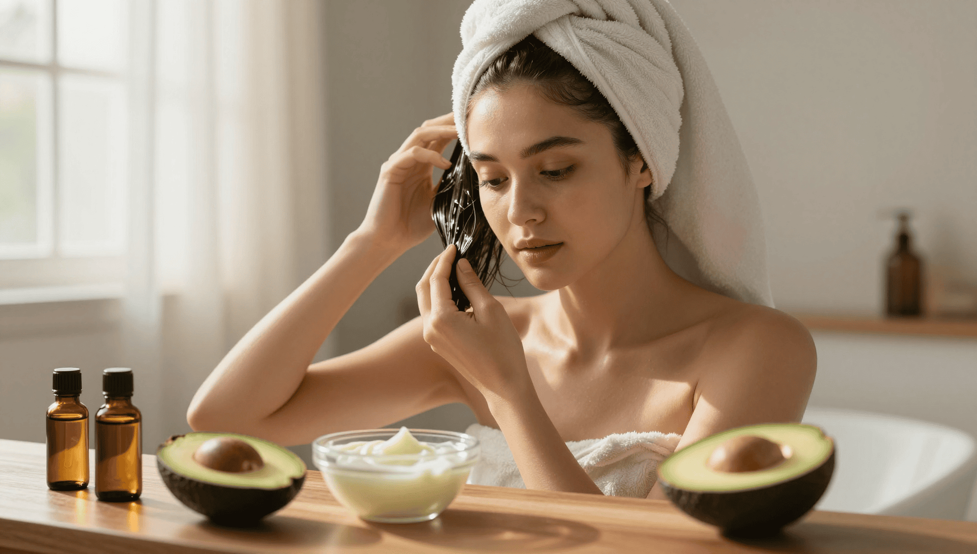 a serene bathroom scene featuring a beautiful woman