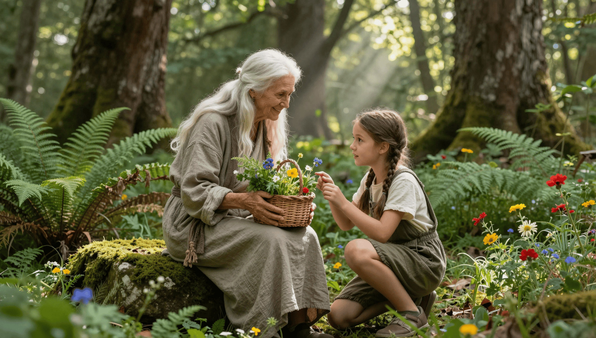 a wise, elderly woman with long, flowing white hair
